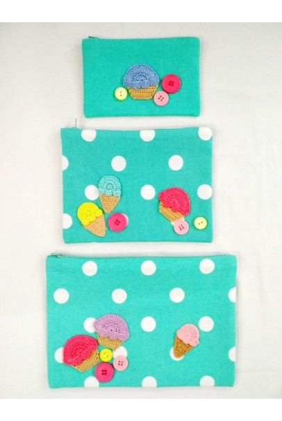 Happy Threads Cotton Storage Pouch with Hand Made Crochet Ice Cream (Blue) Comes in Set of 3
